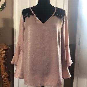 New Direction Rose Blush With Black Lace Flare Sleeves Blouse